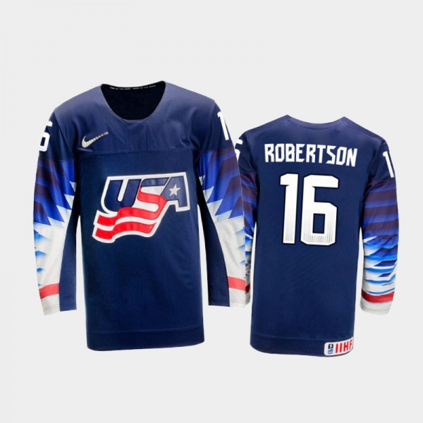 Men USA Team 2021 IIHF World Junior Championship Nick Robertson #16 Away Navy Jersey