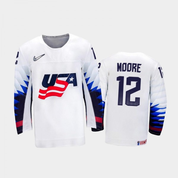 Men's USA Team 2021 IIHF World Championship Trevor Moore #12 Home White Jersey