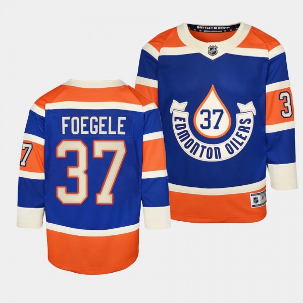 Edmonton Oilers #37 Warren Foegele 2023 NHL Heritage Classic Premier Player Royal Youth Jersey