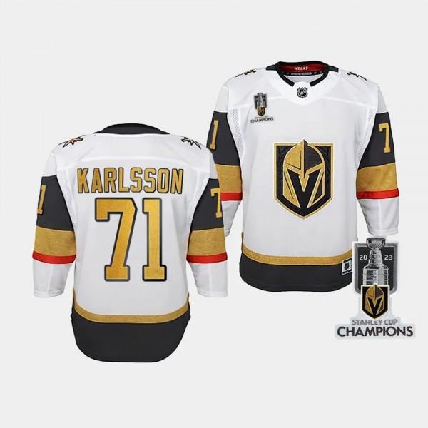Vegas Golden Knights #71 William Karlsson 2023 Stanley Cup Champions Away White Youth Jersey