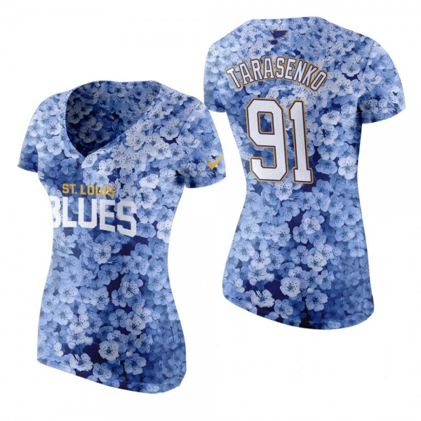 Women's St. Louis Blues Vladimir Tarasenko #91 State Flower Blue White Hawthorn Blossom T-Shirt