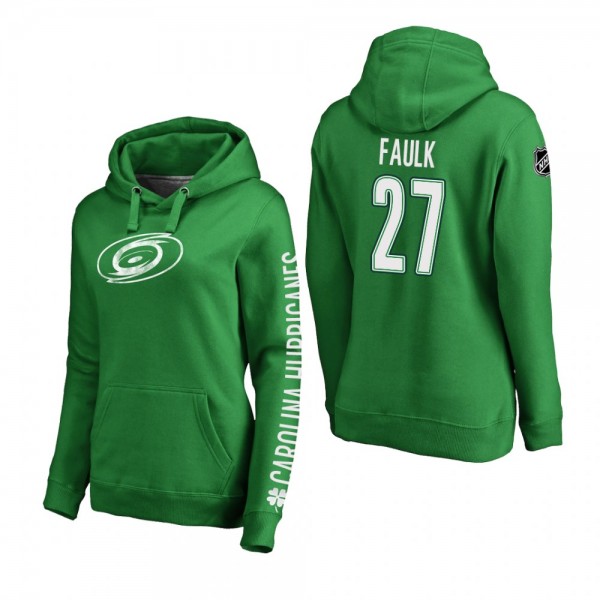 Women's Hurricanes Justin Faulk #27 St. Patrick's Day Green Pullover Hoodie