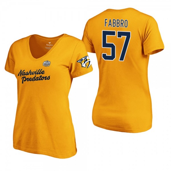 Women's Nashville Predators #57 Dante Fabbro 2020 Winter Classic Primary Logo V-Neck Gold T-Shirt