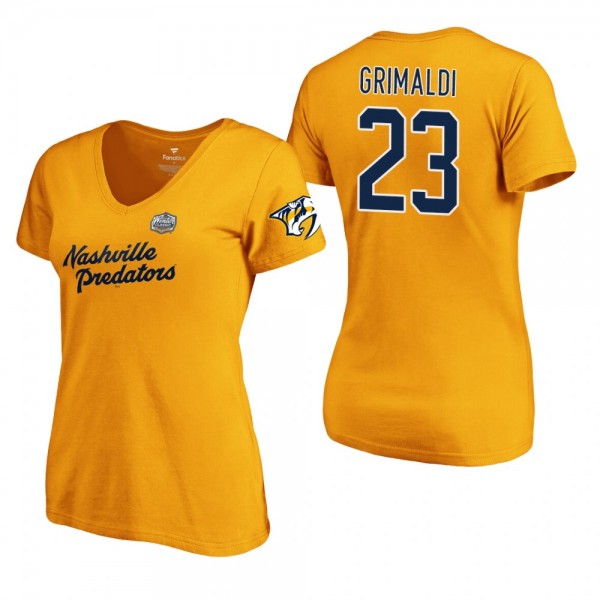 Women's Nashville Predators #23 Rocco Grimaldi 2020 Winter Classic Primary Logo V-Neck Gold T-Shirt