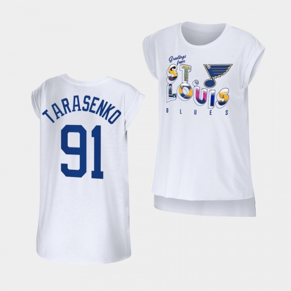 Vladimir Tarasenko #91 St. Louis Blues T-Shirt Women WEAR by Erin Andrews Greetings From Sleeveless White Tee